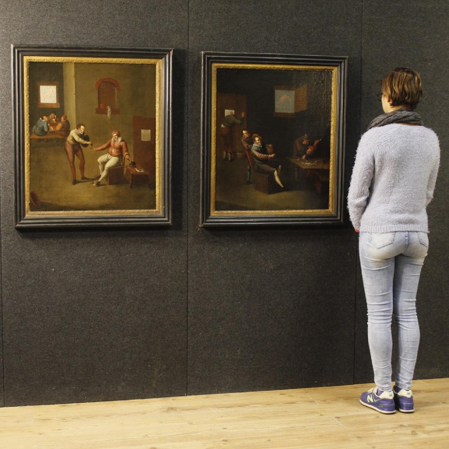 17th Century Oil On Canvas Flemish Interior Scenes Paintings - image-11