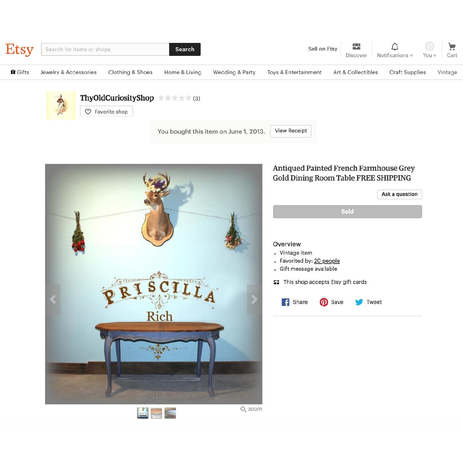 French Farmhouse Dining Table in Gold Grey Blue - image-4