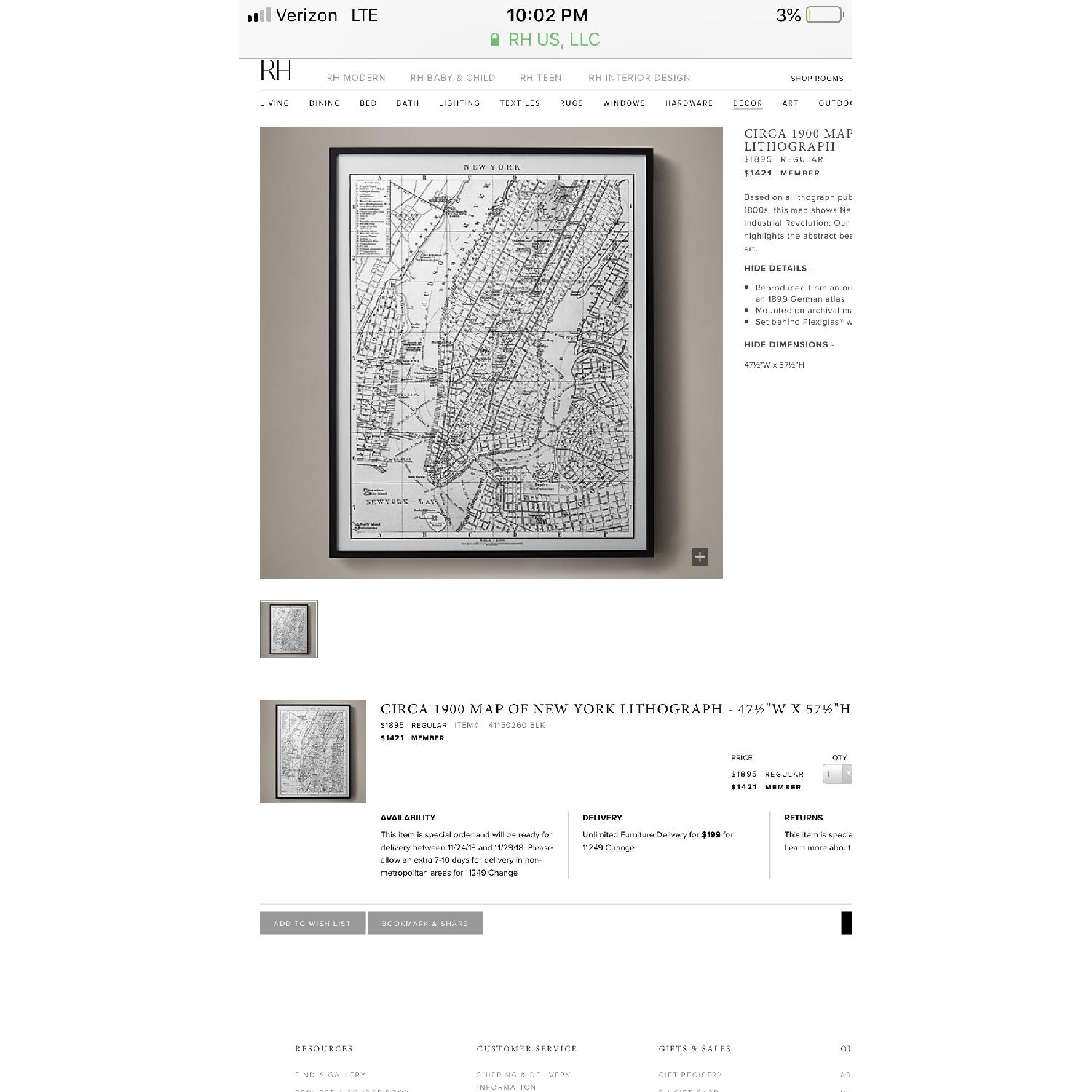 Restoration Hardware Circa 1900 Map of New York Lithograph AptDeco