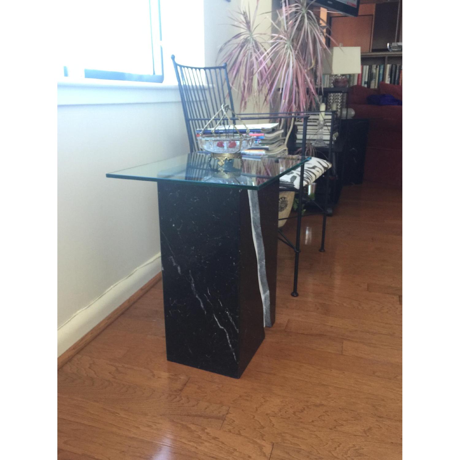 Black w/ White Streak Marble Base Glass Top Side Tables AptDeco