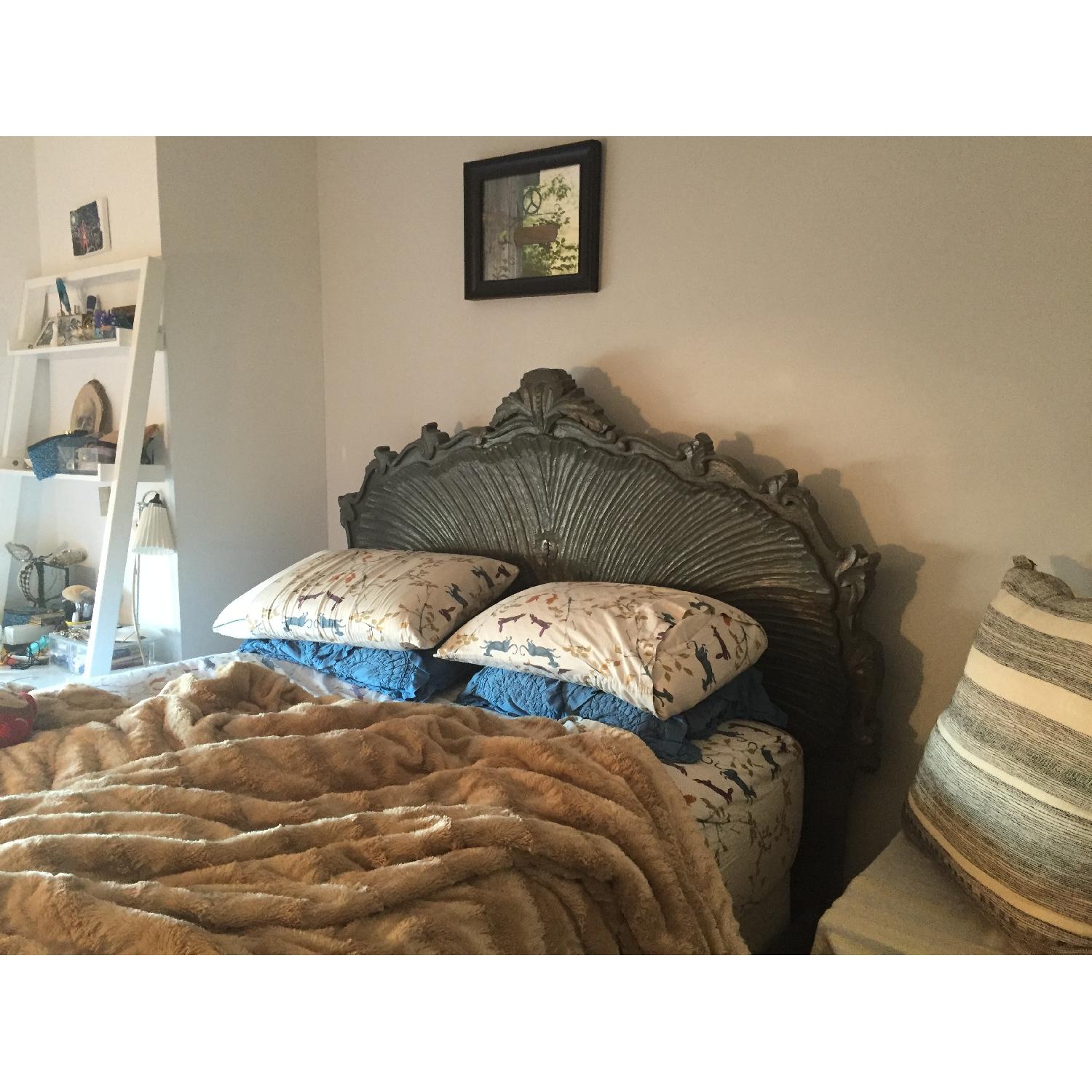 Anthropologie Grey/Blue Wood Queen Size Bed Frame - image-1