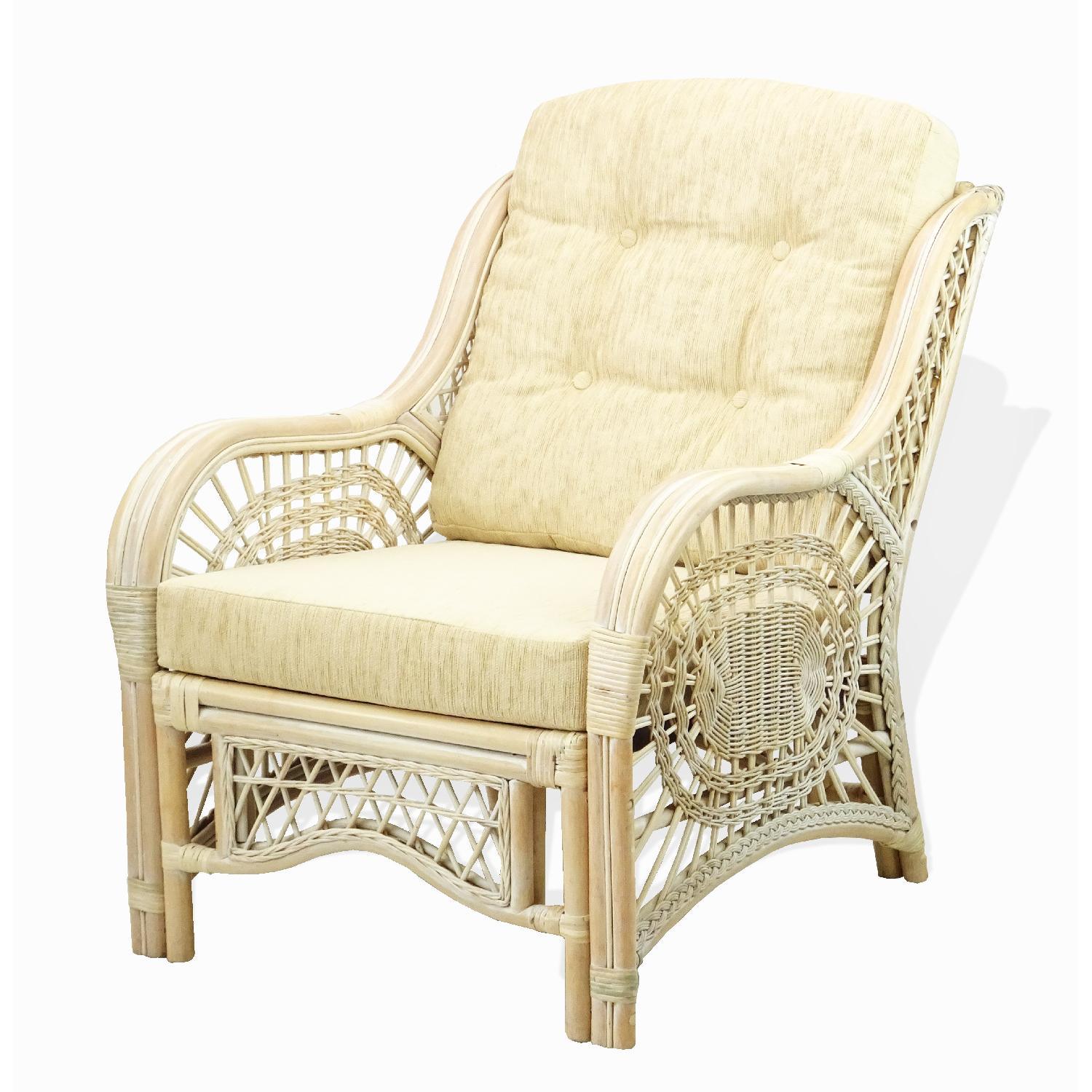 Malibu Rattan Wicker White Wash Lounge Armchair w/ Cushion - image-1