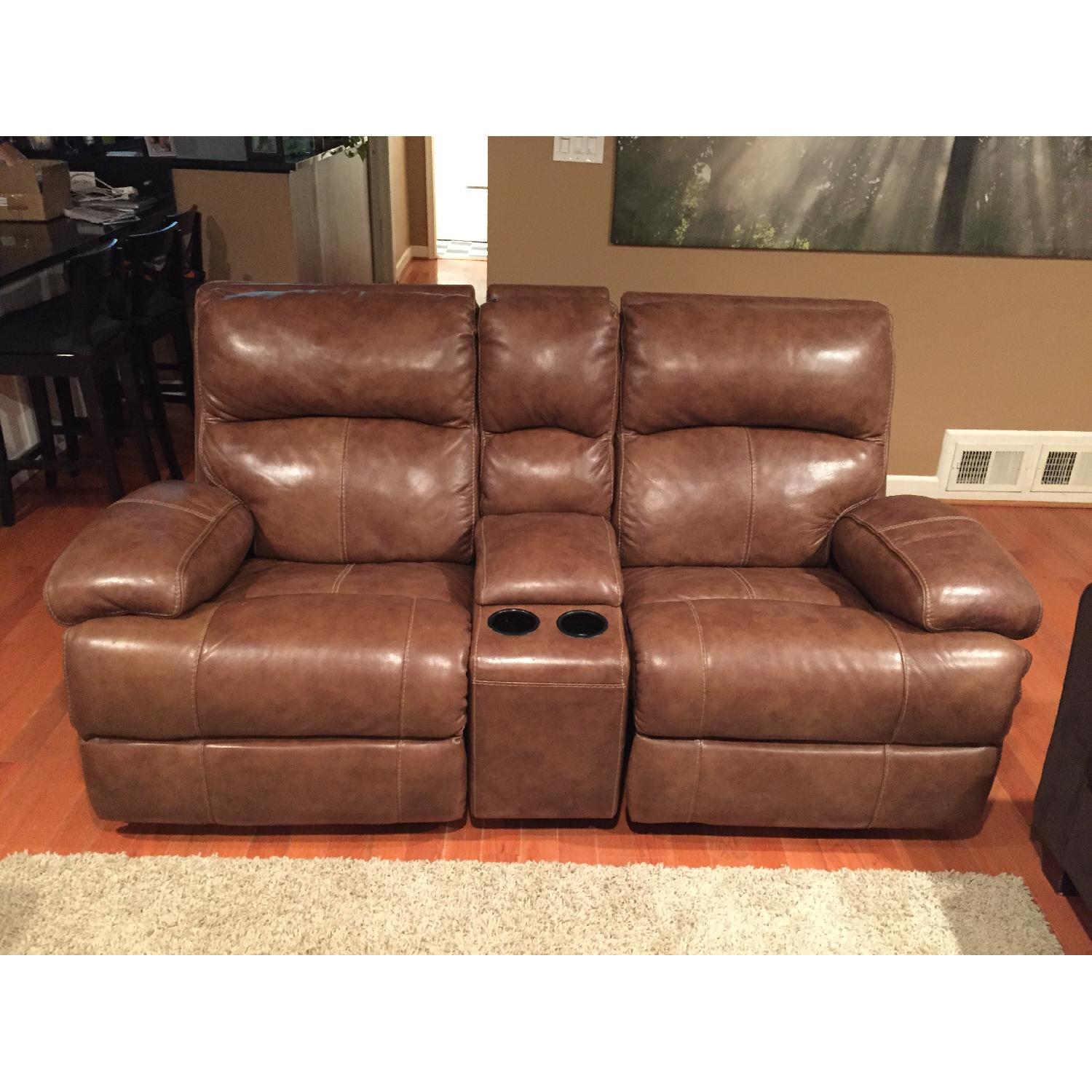 Ashley's Lensar Reclining Sofa w/ Console in Nutmeg - image-1