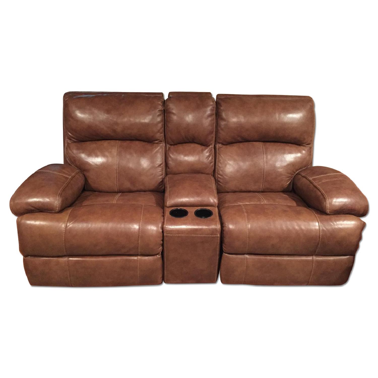 Ashley's Lensar Reclining Sofa w/ Console in Nutmeg - image-0