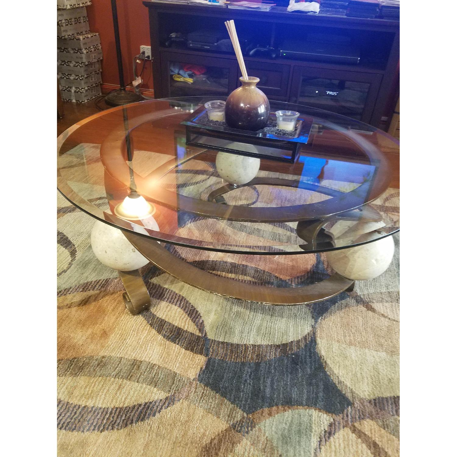 Ashley's Glass Top Coffee Table w/ Iron & Marble Base - image-1