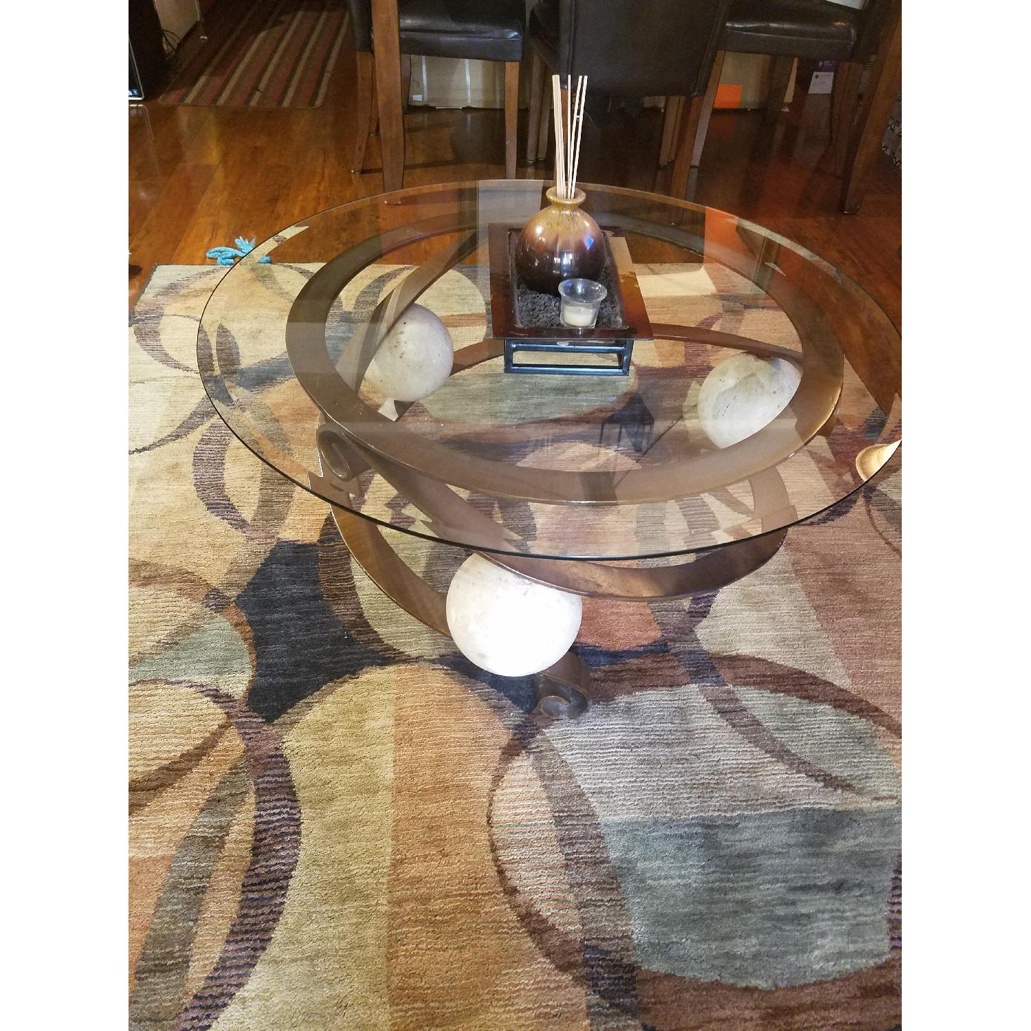 Ashley's Glass Top Coffee Table w/ Iron & Marble Base - image-2