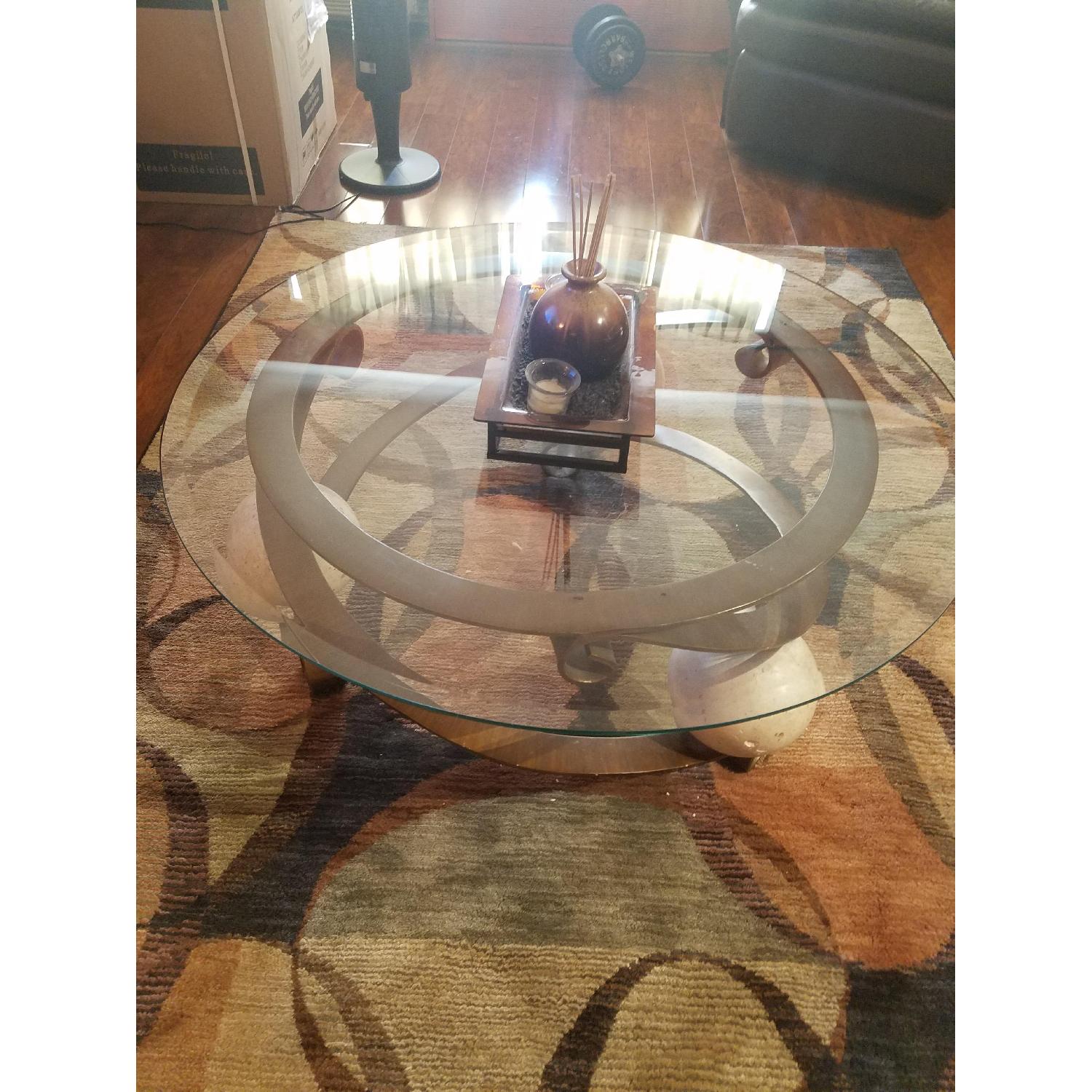 Ashley's Glass Top Coffee Table w/ Iron & Marble Base - image-3