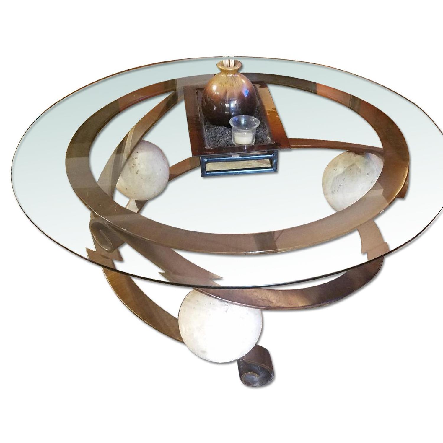 Ashley's Glass Top Coffee Table w/ Iron & Marble Base - image-0