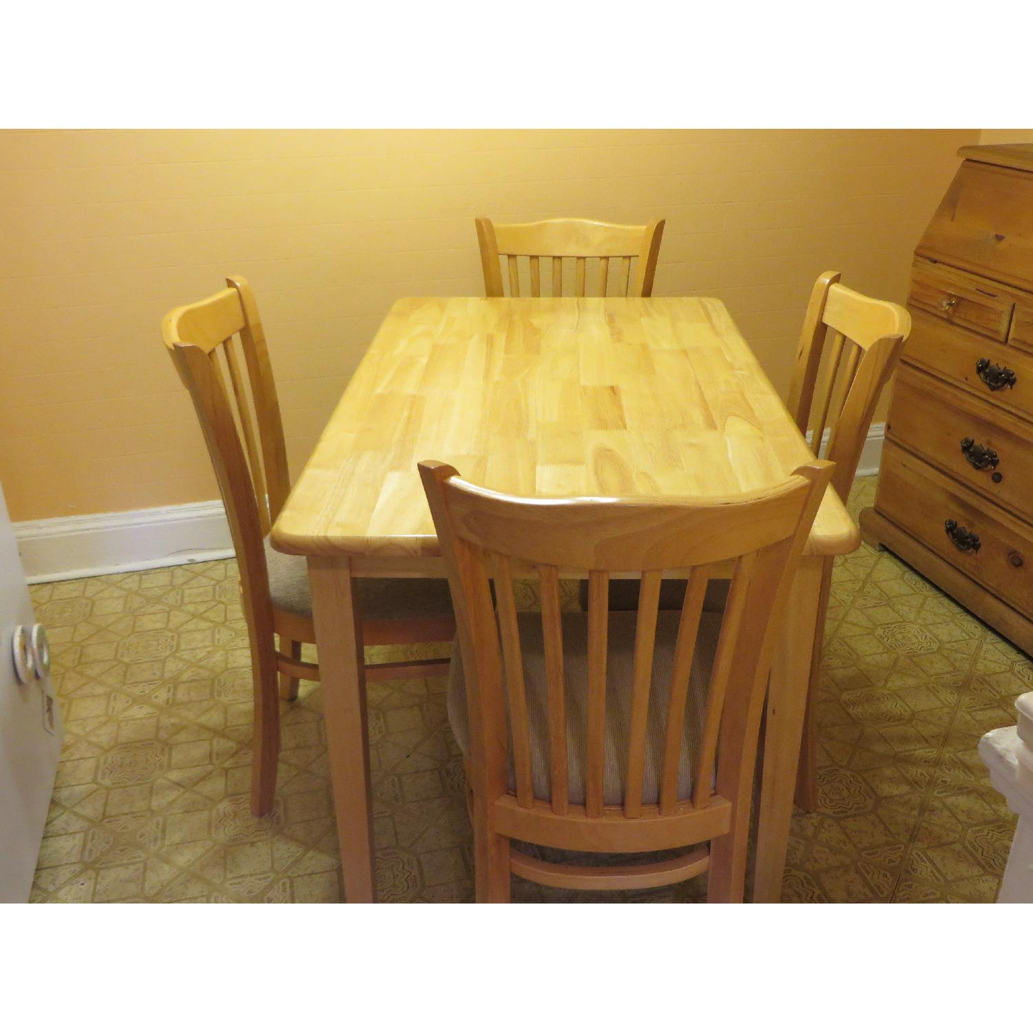 Golden Oak Dinning Table w/ 4 Matching Beige Upholstered Chairs - image-2
