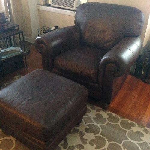 Used Chocolate Brown Leather Chair w/ Ottoman for sale on AptDeco