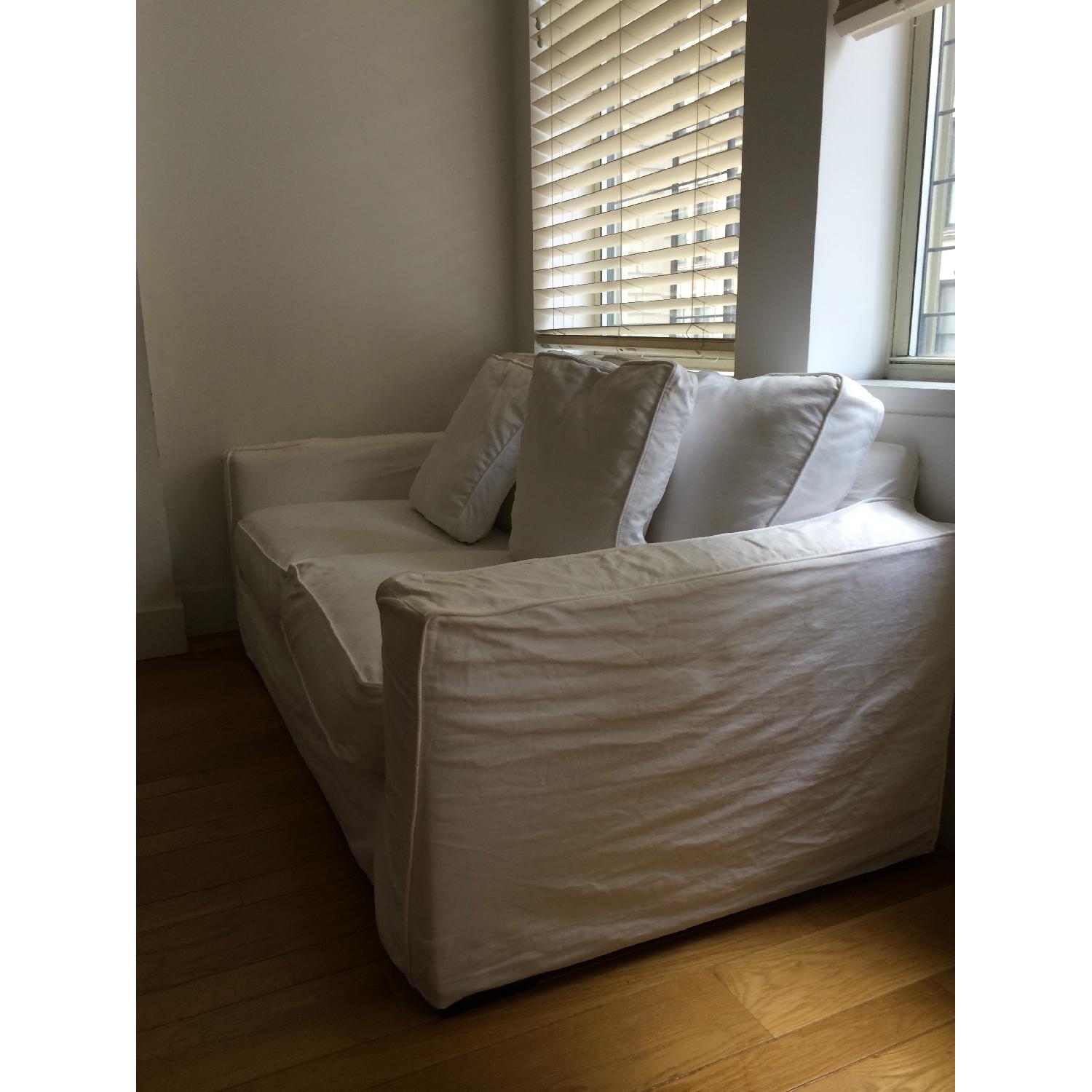 White Linen Slipcovered Sofa w/ 2 Throw Pillows - image-2