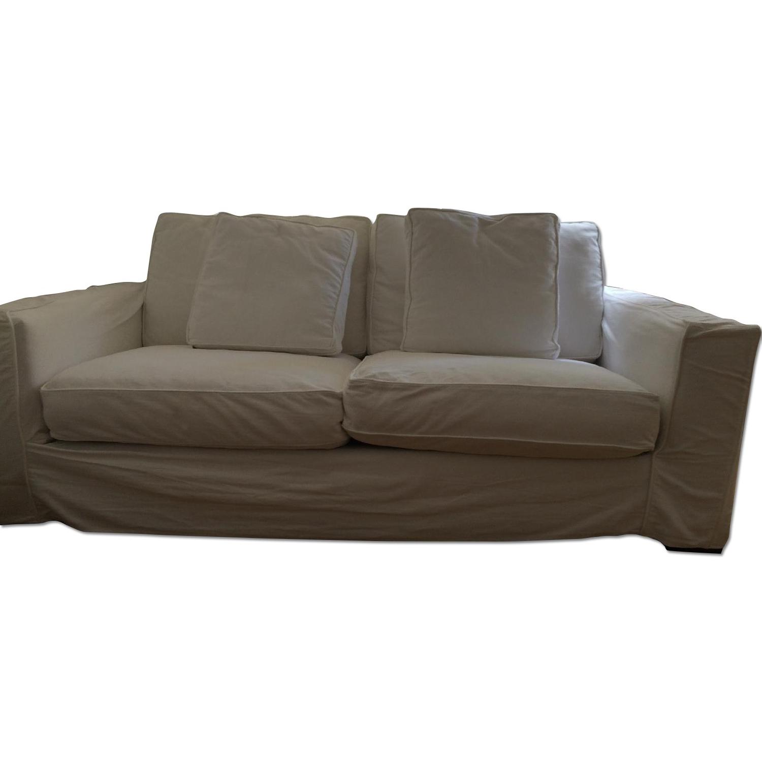 White Linen Slipcovered Sofa w/ 2 Throw Pillows - image-0