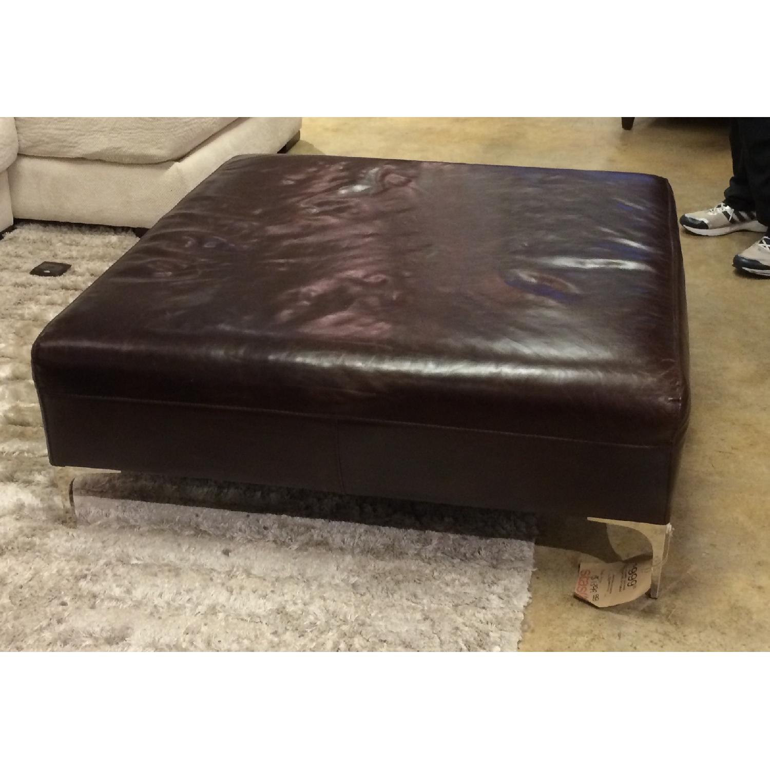 Chocolate Leather Square Ottoman w/ Polished Chrome Legs - image-1