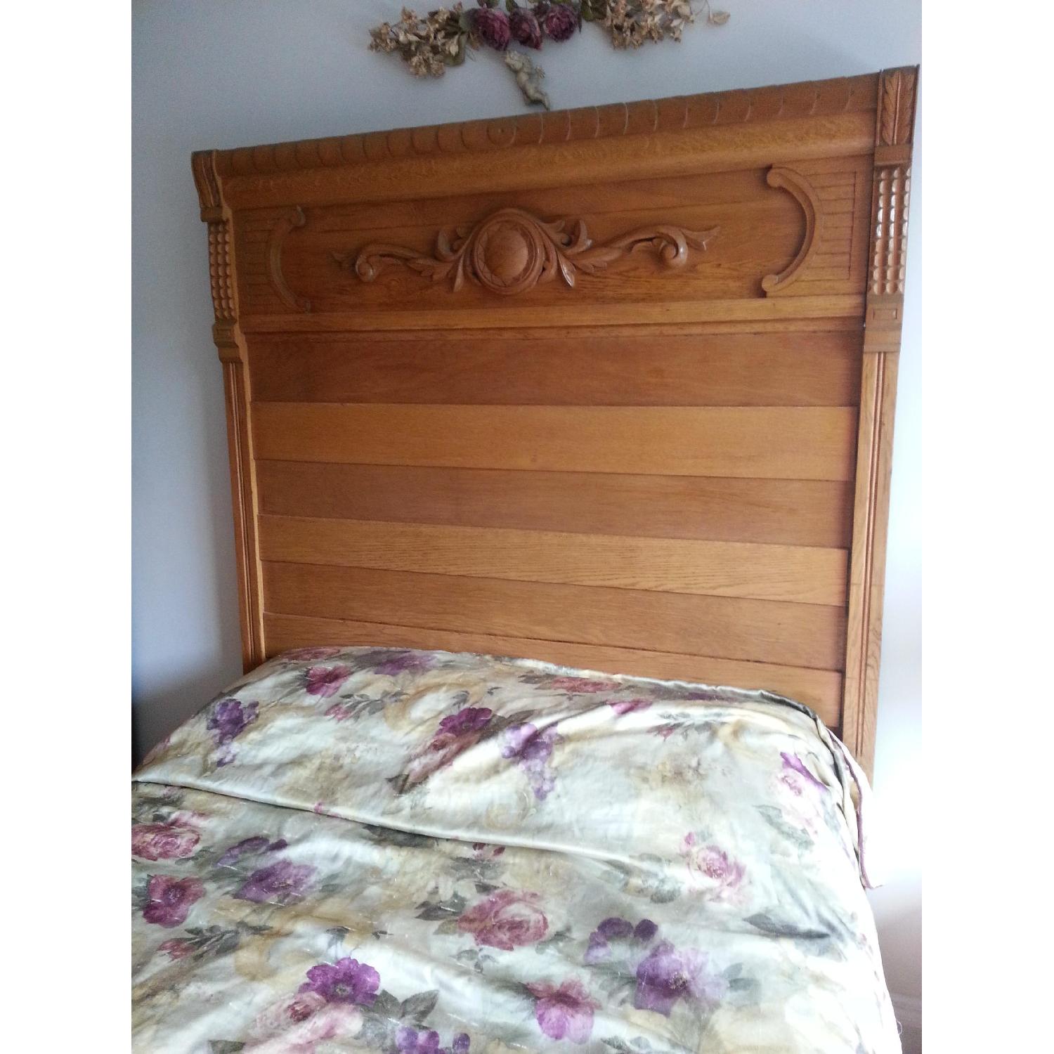 Antique Golden Oak Bed Frame with Headboard, Footboard & Slats AptDeco