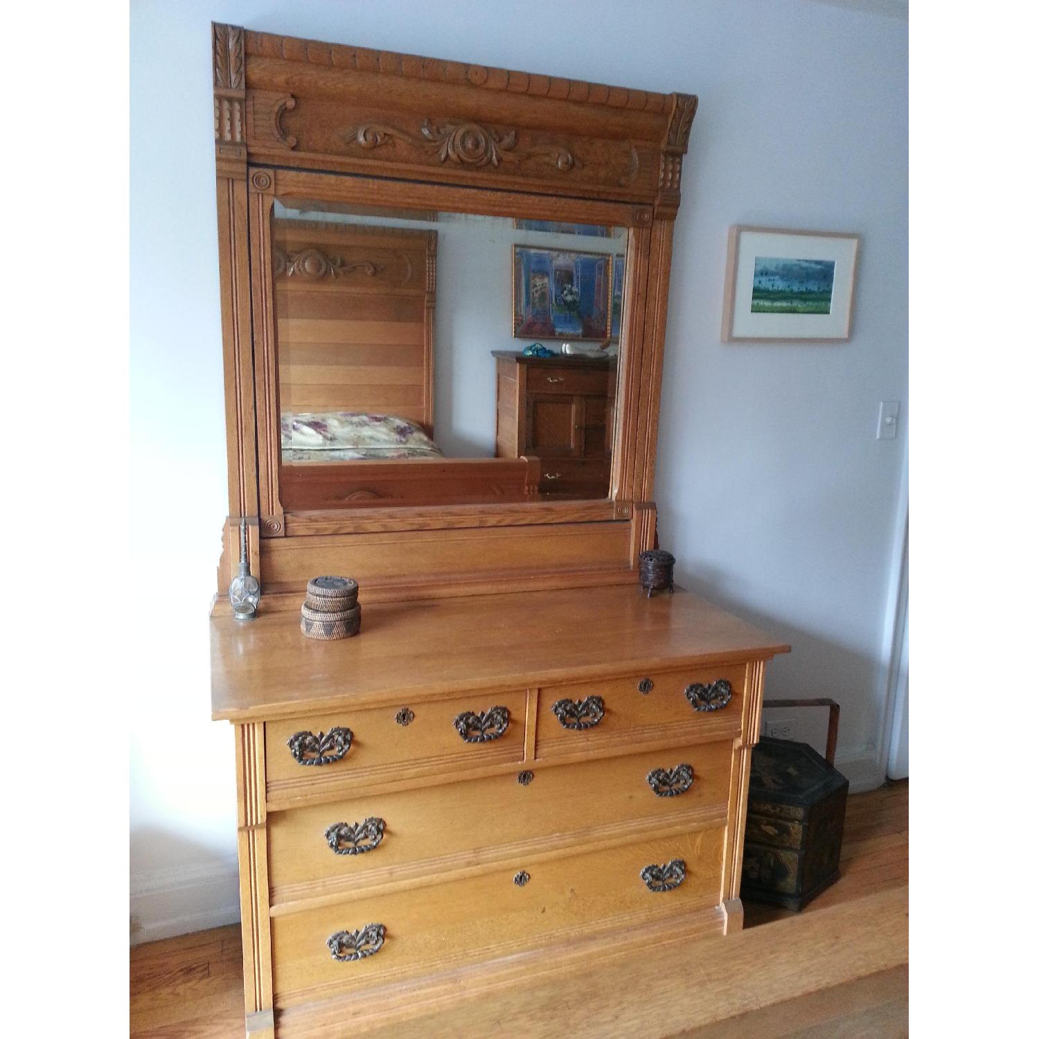 Antique Golden Oak Dresser with Framed Mirror - image-1