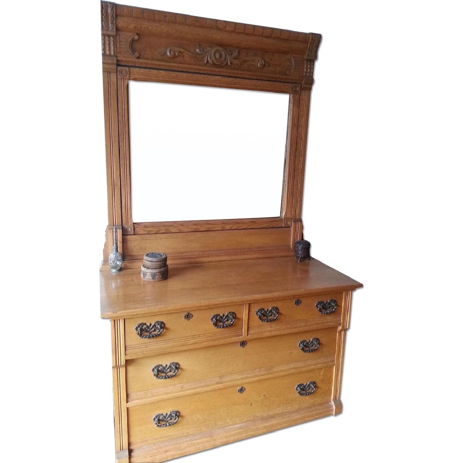 Antique Golden Oak Dresser with Framed Mirror - image-0
