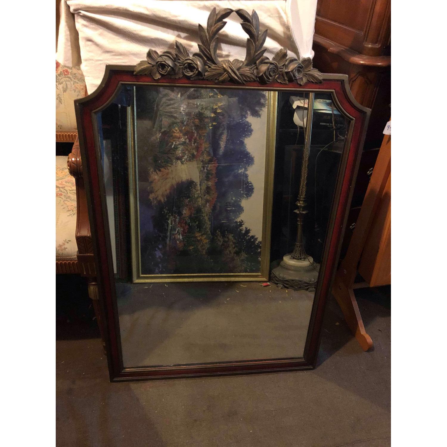 Antique 1930s Bronze and Mahogany Framed Wall Mirror - image-2
