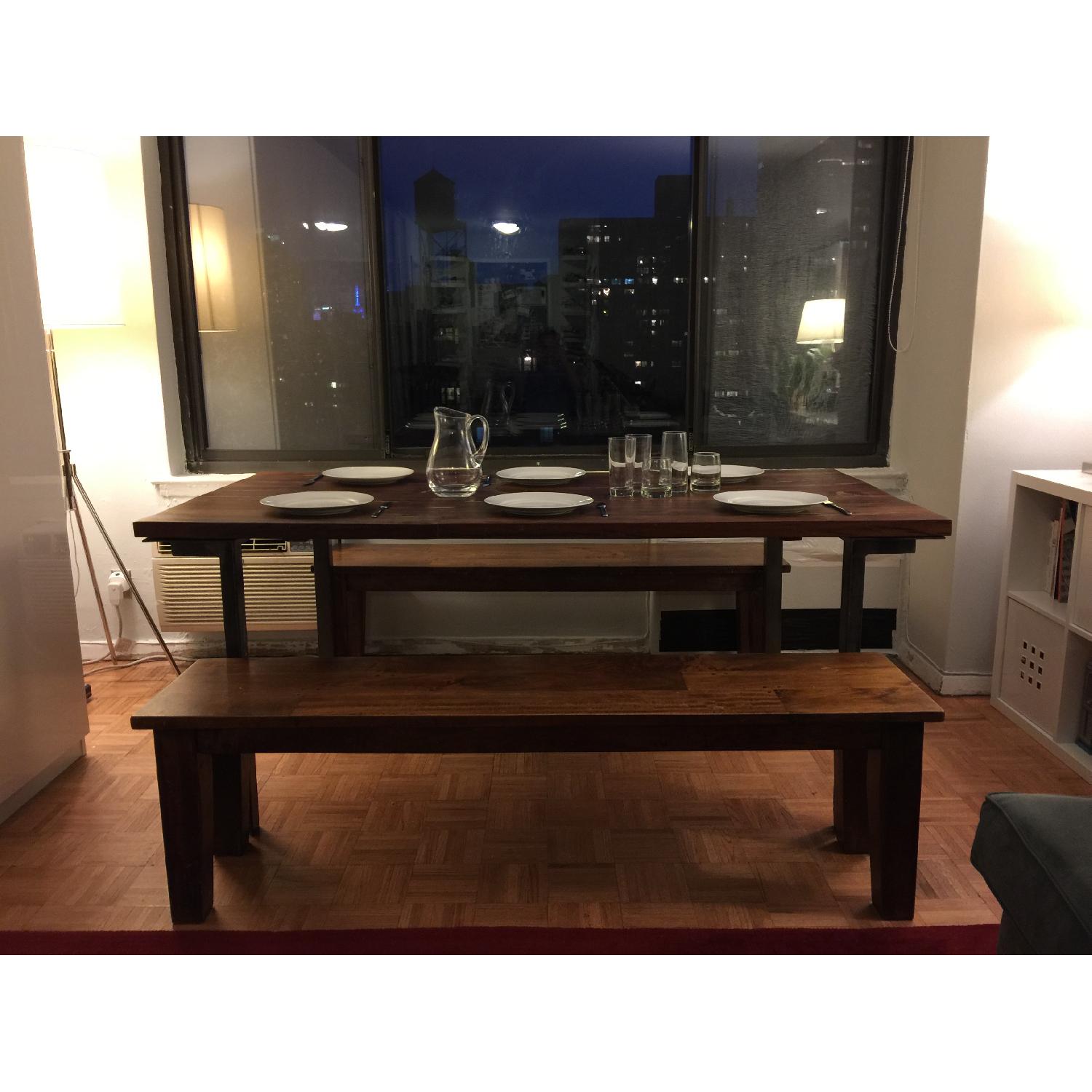 West Elm Industrial Table w/ 2 Crate & Barrel Benches - image-1