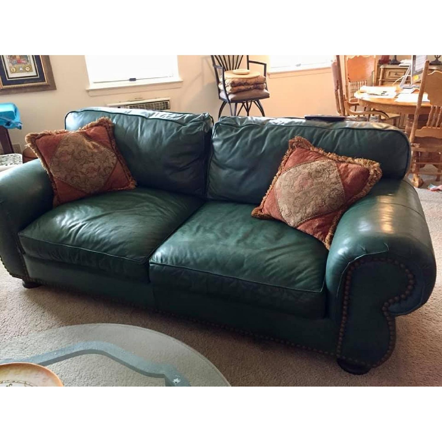 Italian Green Leather Sofa + King's Arm Chair & Ottoman - image-1