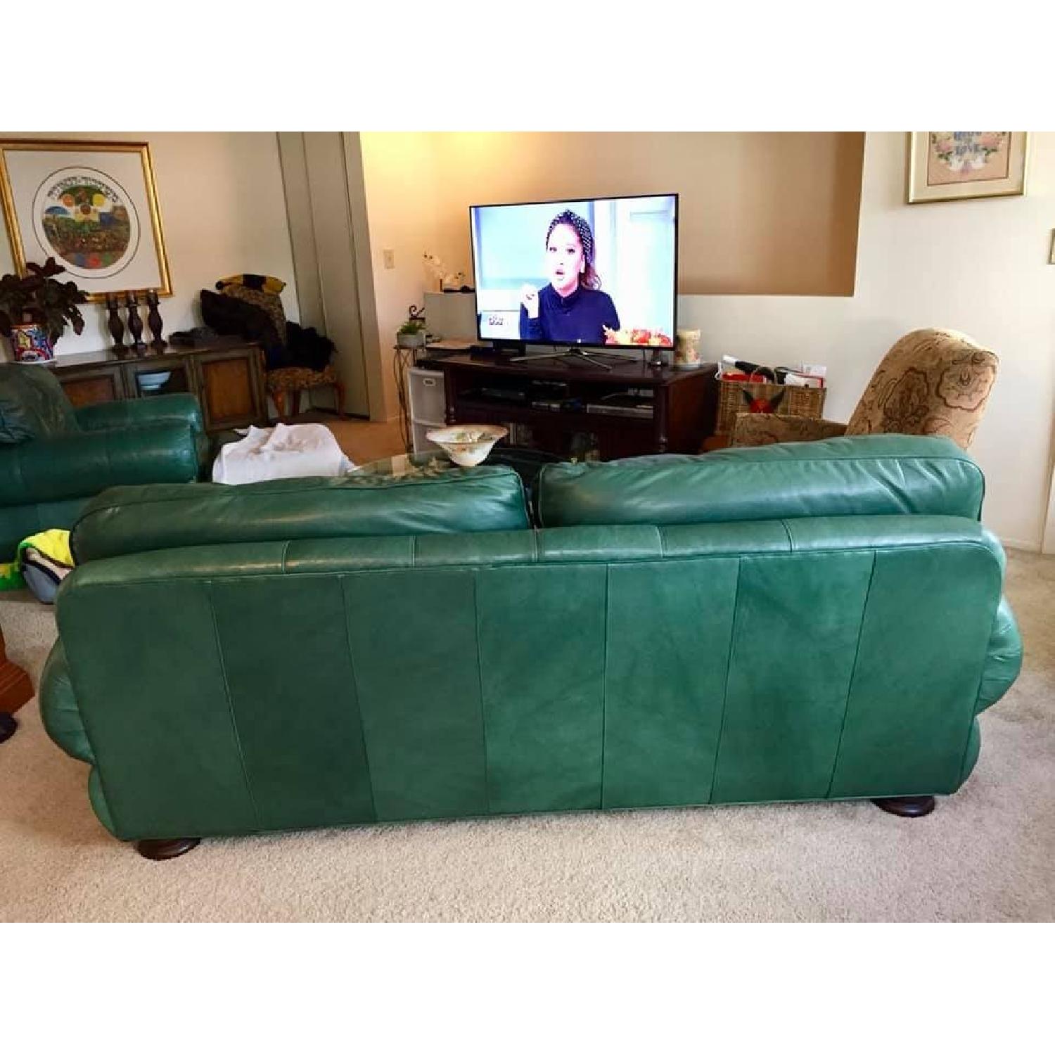 Italian Green Leather Sofa + King's Arm Chair & Ottoman - image-2