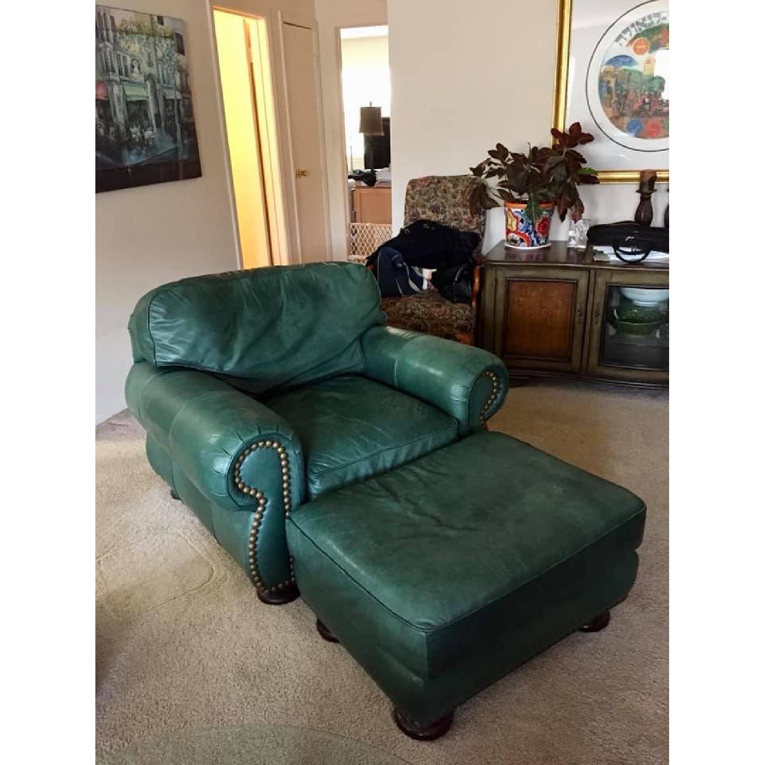 Italian Green Leather Sofa + King's Arm Chair & Ottoman - image-3