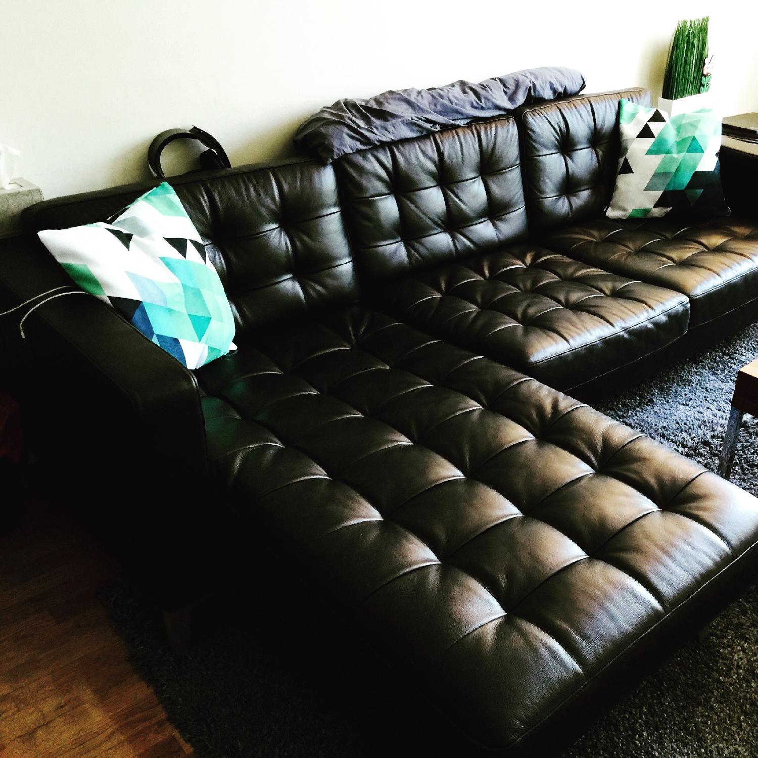 Ikea Karlstad Black Leather Sectional Sofa w/ Chaise AptDeco