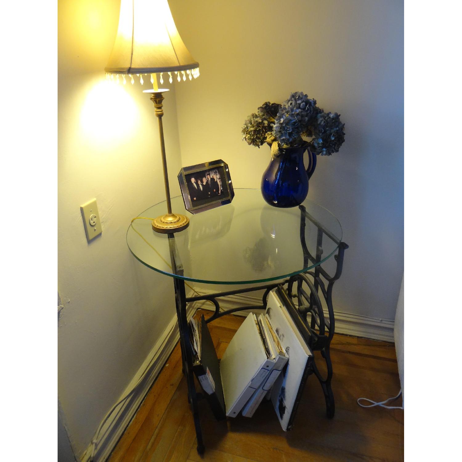 Vintage Wrought Iron Sewing Machine Stand w/ Glass Table Top - image-5