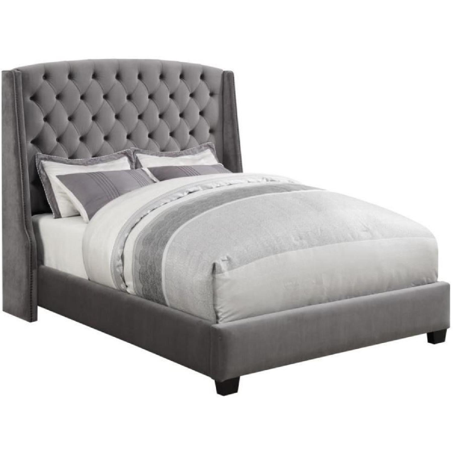 Queen Size Upholstered Bed in Grey Velvet Fabric AptDeco