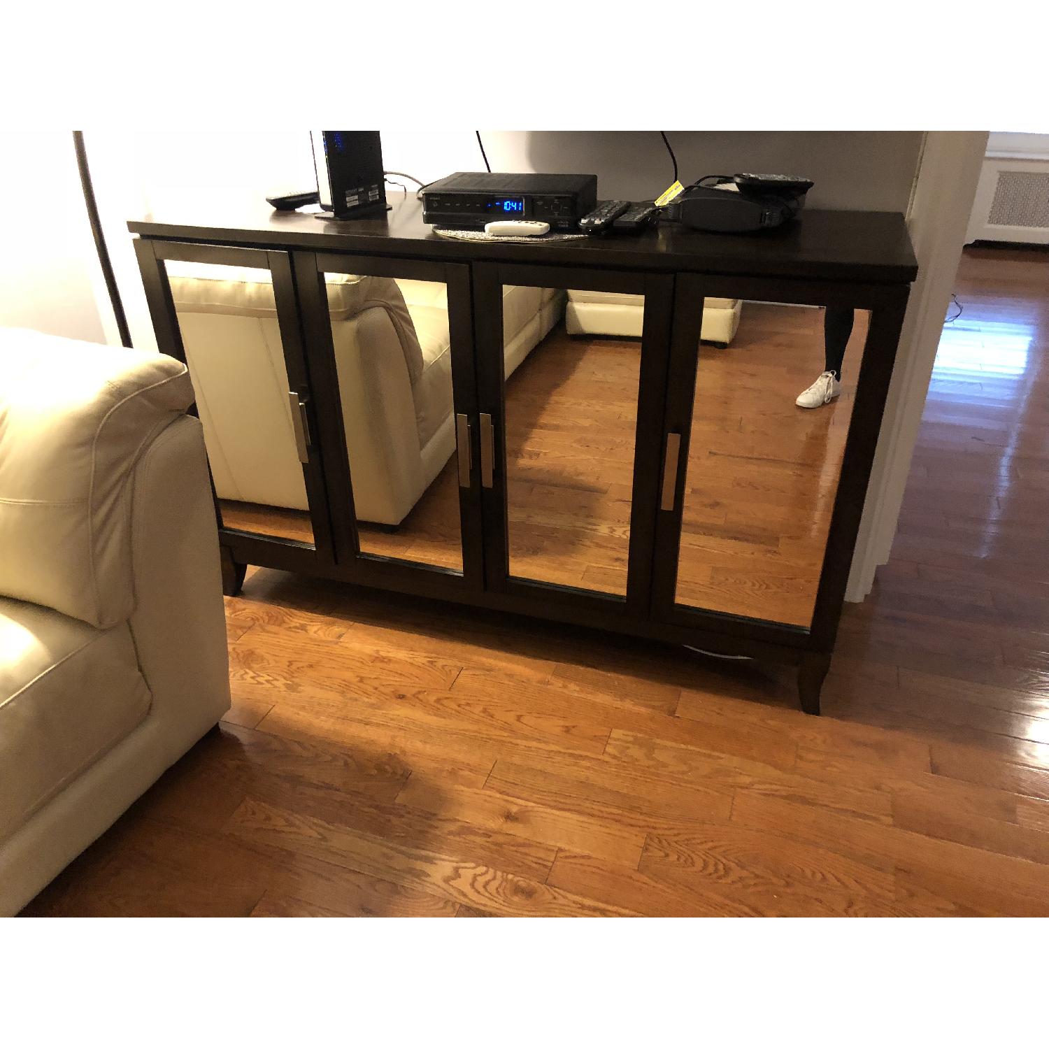 Raymour & Flanigan Mirrored Credenza w/ Shelving & Doors AptDeco