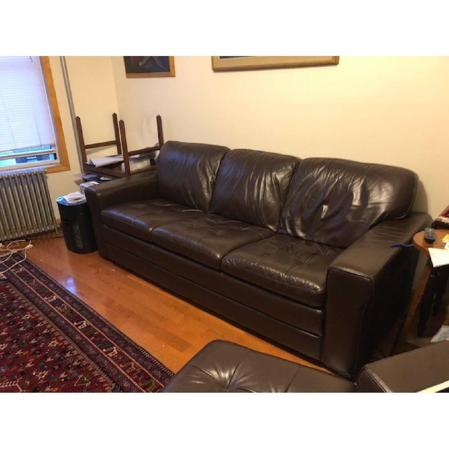 Havertys Galaxy Brown Leather Sofa + Chair & Ottoman - image-1