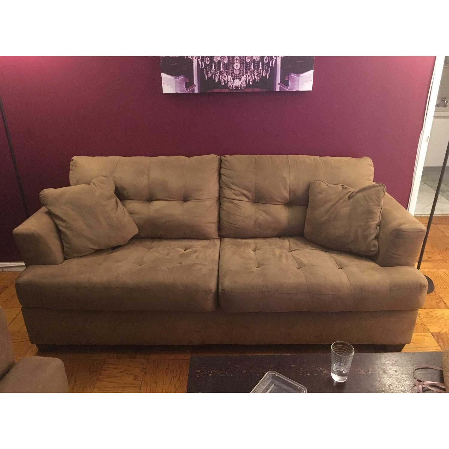 Ashley's Tan Tufted Sofa + Loveseat - image-1