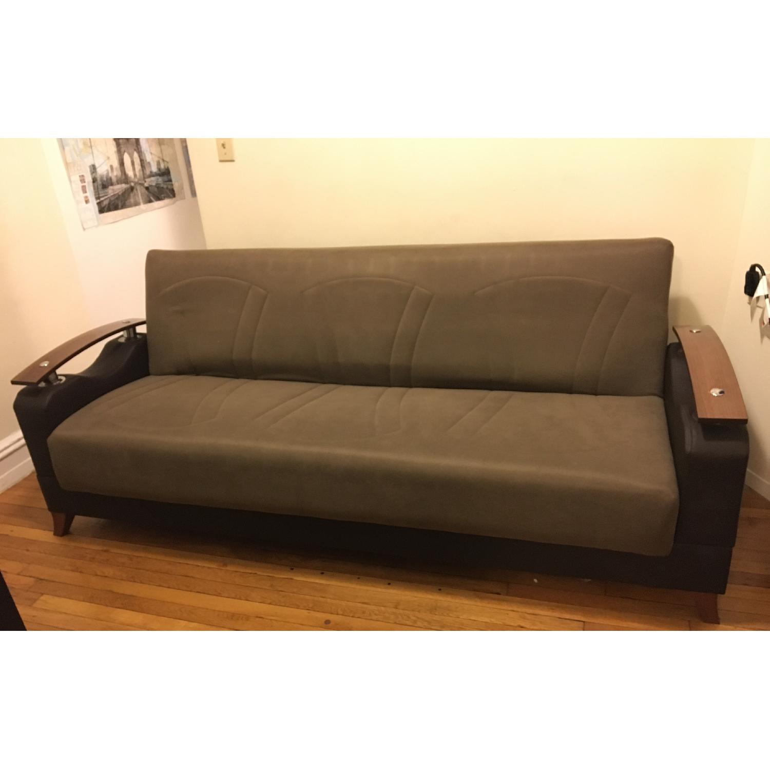 Leather & Wood Finish Sleeper Sofa w/ Storage - image-1