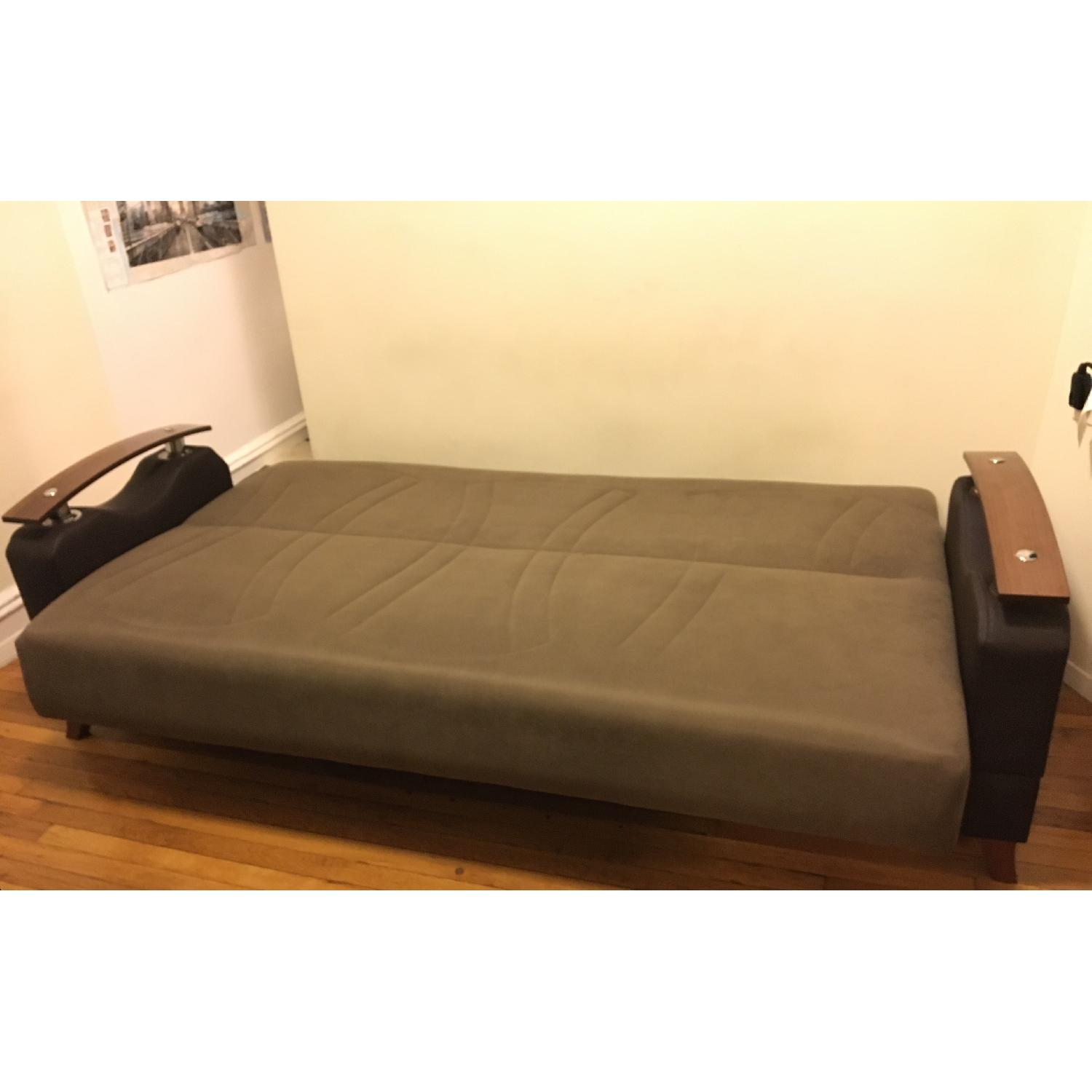 Leather & Wood Finish Sleeper Sofa w/ Storage - image-2