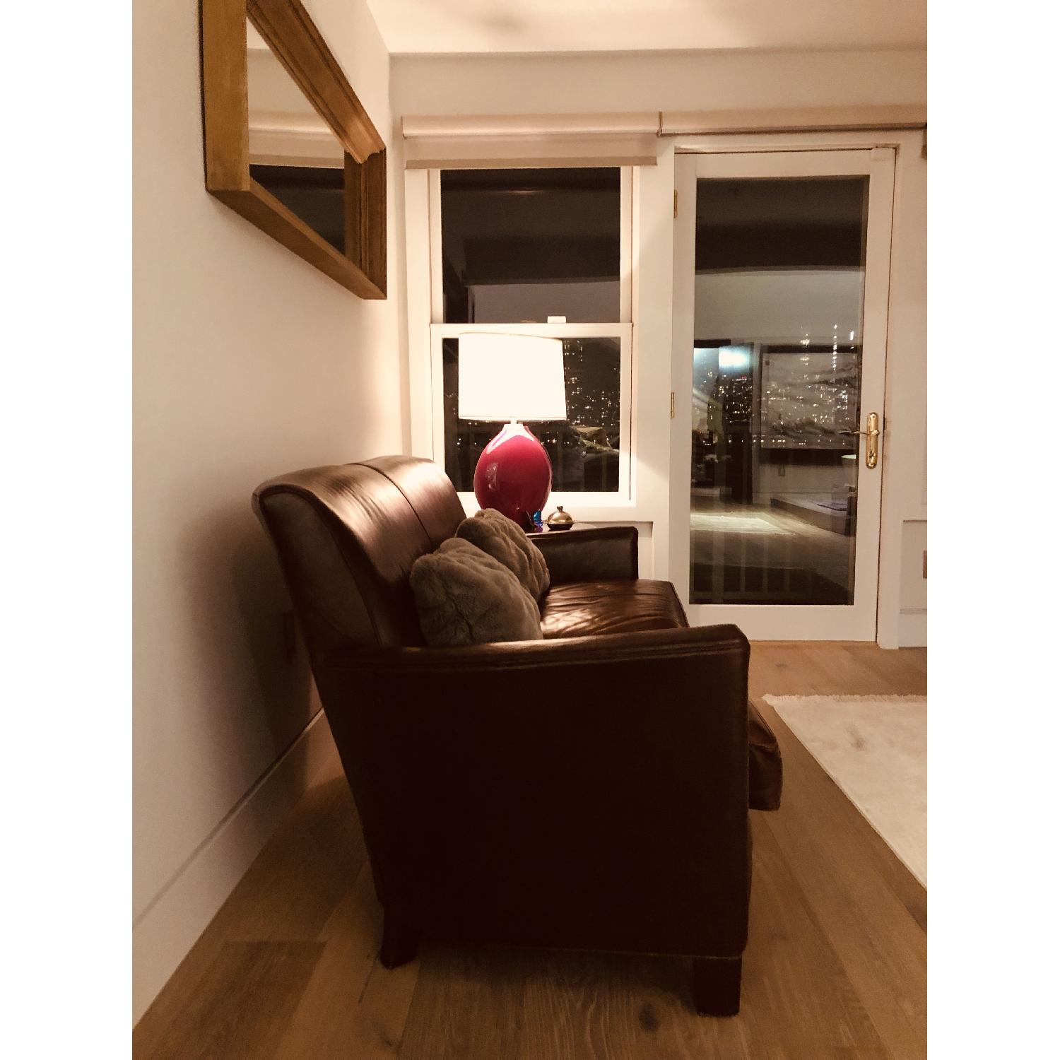 Crate & Barrel Briarwood Brown Leather Loveseat - image-3