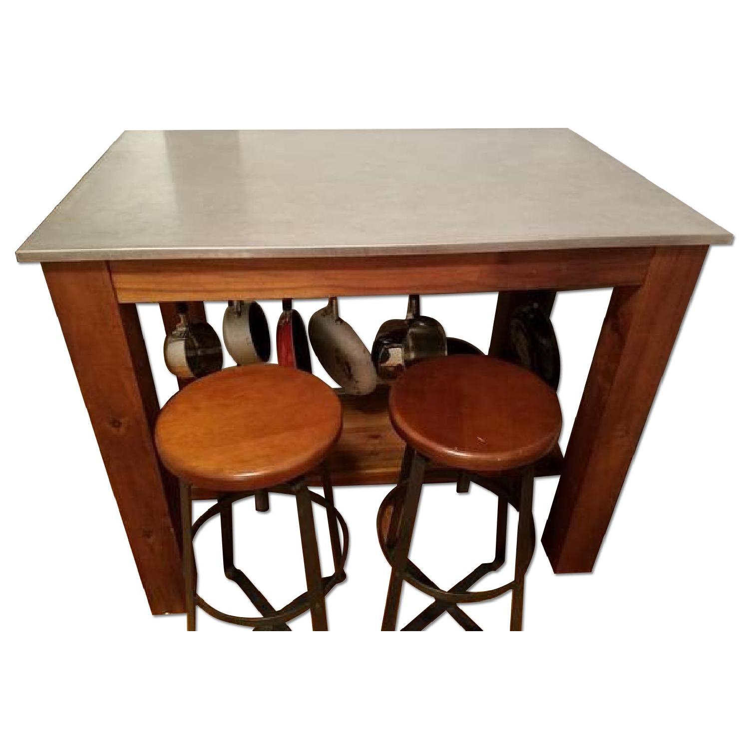 West Elm Kitchen Island w/ 2 Industrial Stools AptDeco