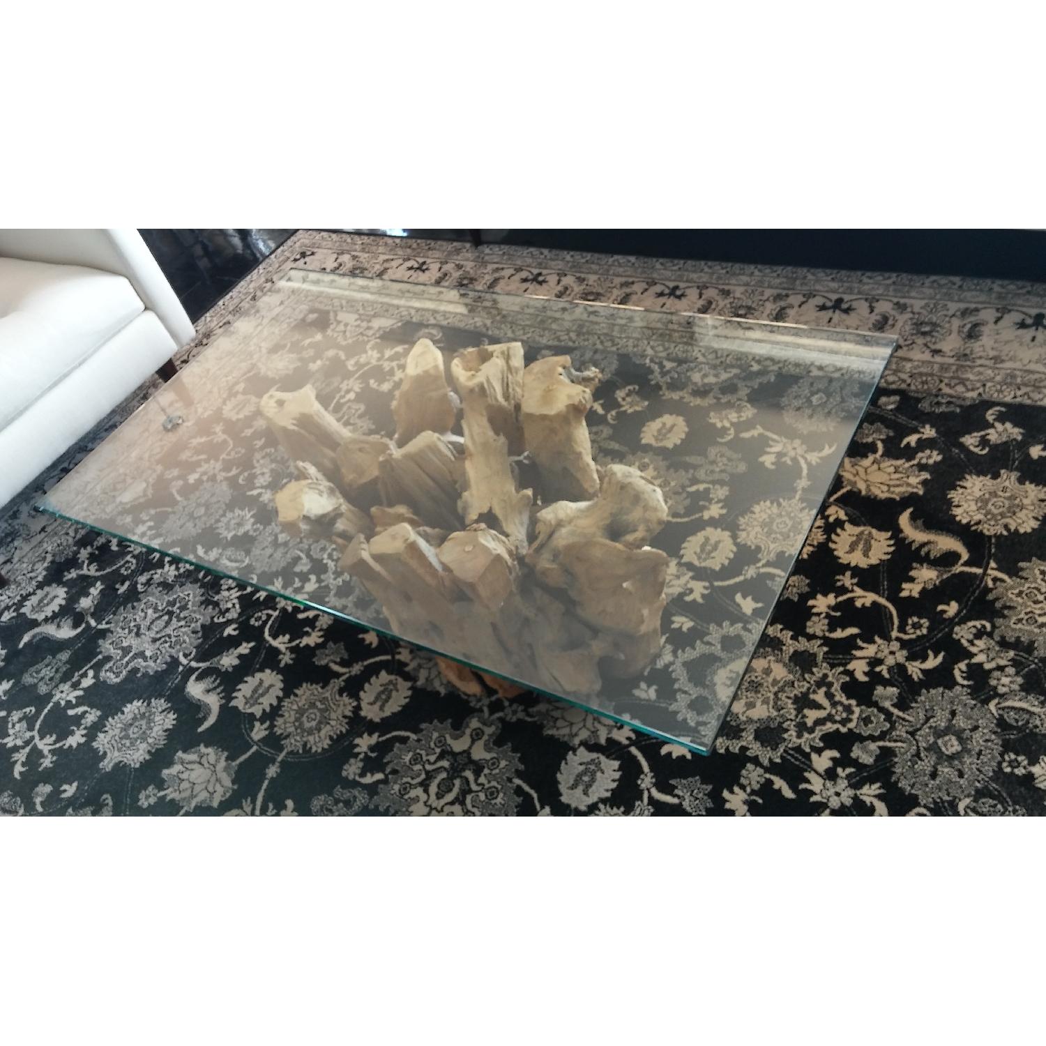 Crate & Barrel Driftwood Base/Glass Top Coffee Table - image-1