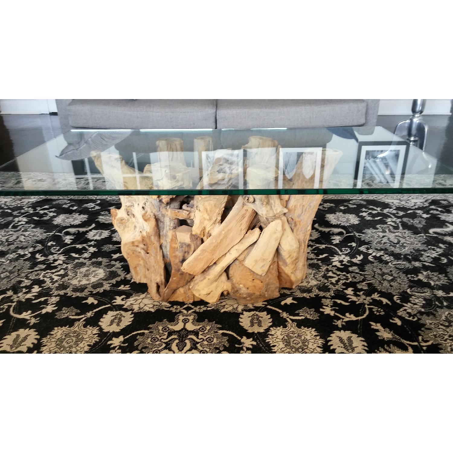 Crate & Barrel Driftwood Base/Glass Top Coffee Table - image-2
