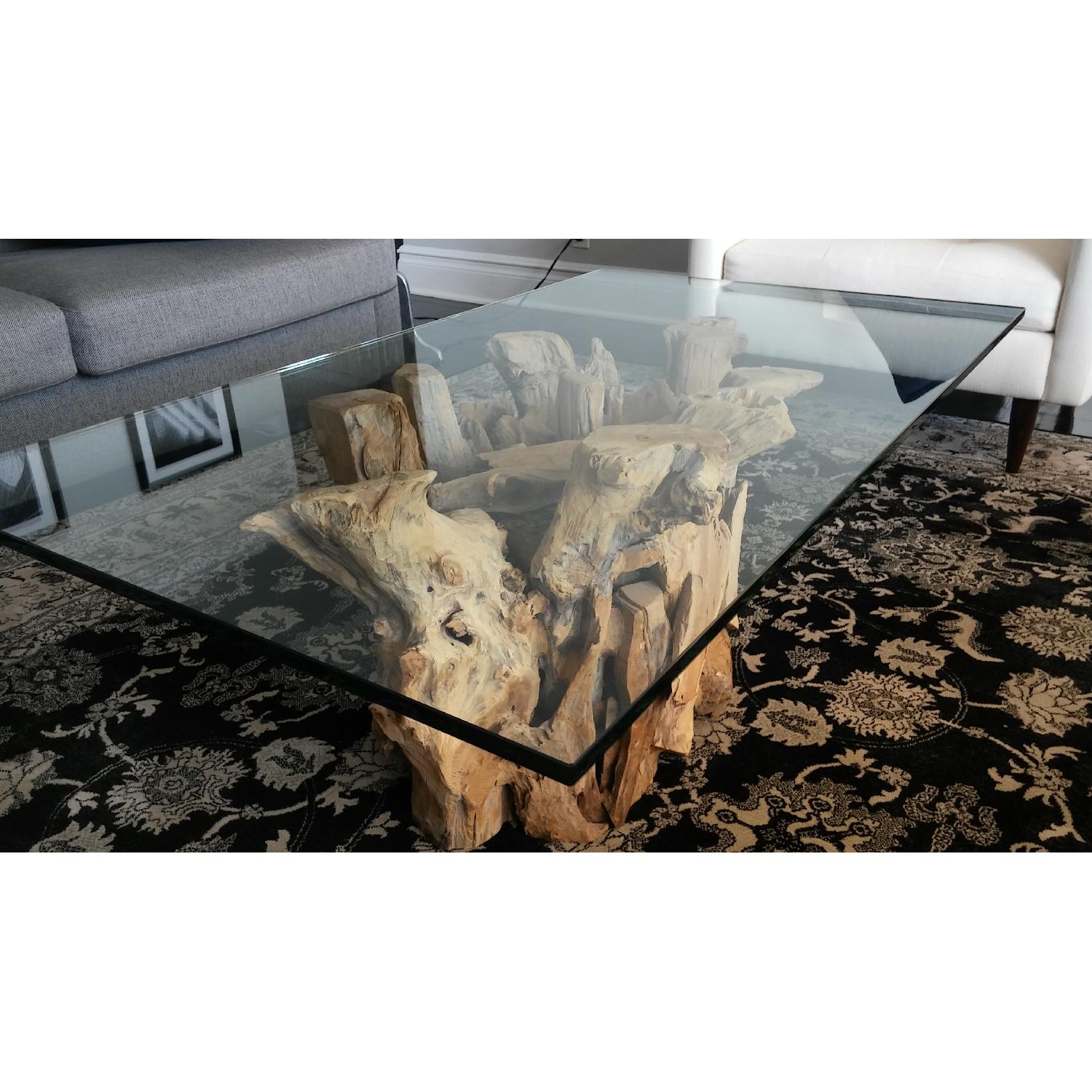 Crate & Barrel Driftwood Base/Glass Top Coffee Table - image-4