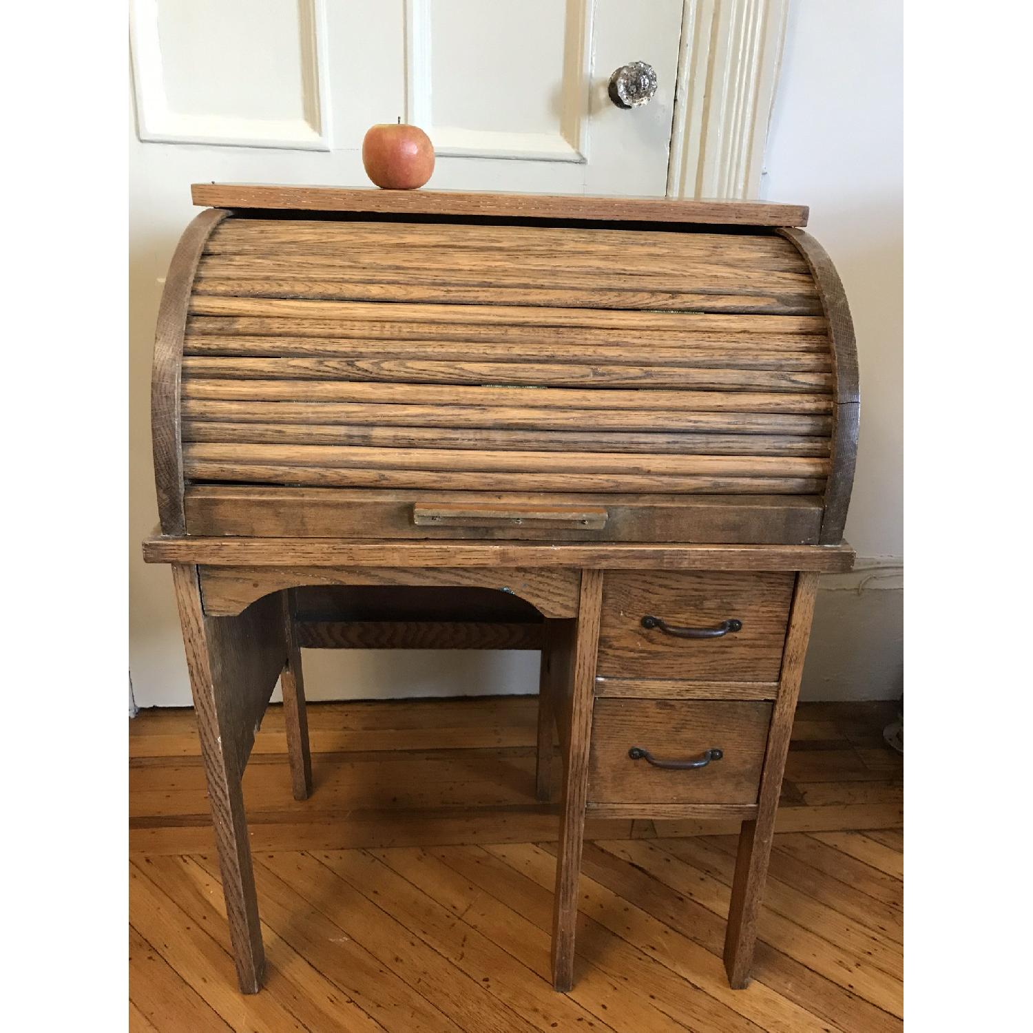 Antique Wooden ChildSize Roll Top Desk & Chair AptDeco