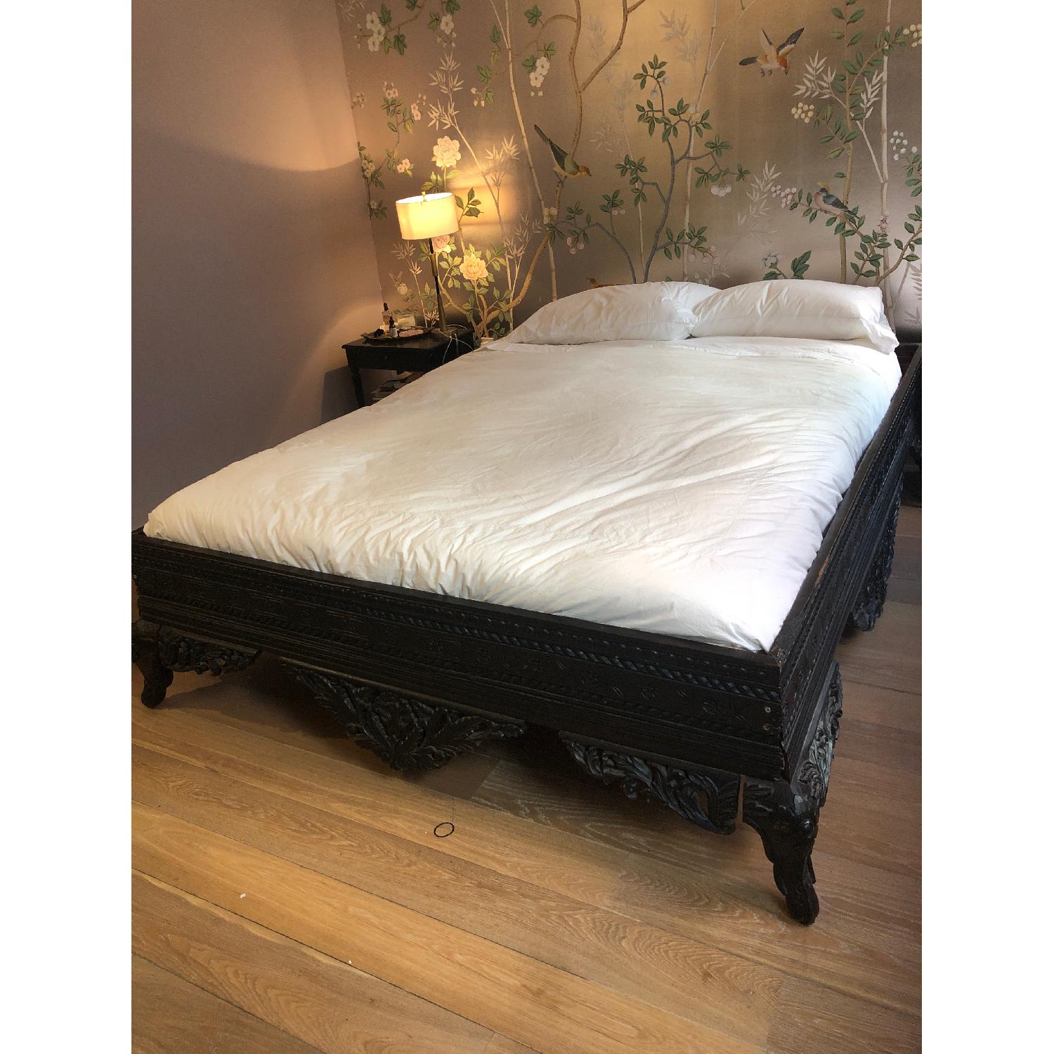 Ornate Carved Dark Wood Indian Bed Frame - image-5