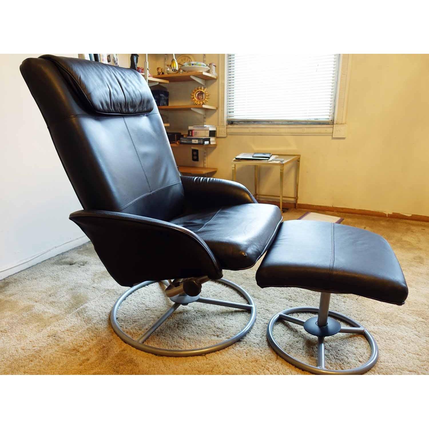 Ikea Black Leather Chair & Ottoman - image-1