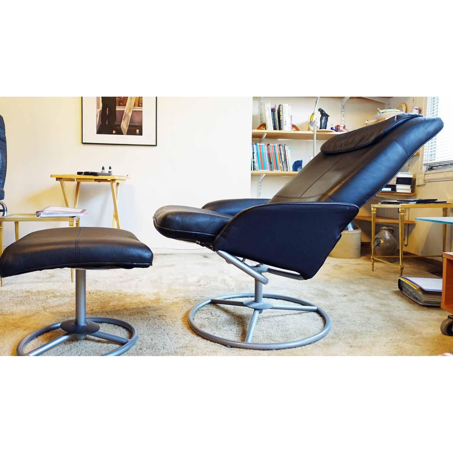 Ikea Black Leather Chair & Ottoman - image-3