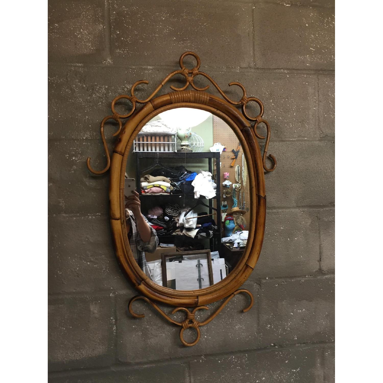 Vintage Mid Century Modern French Rattan Bamboo Oval Sunburst Mirror - image-1