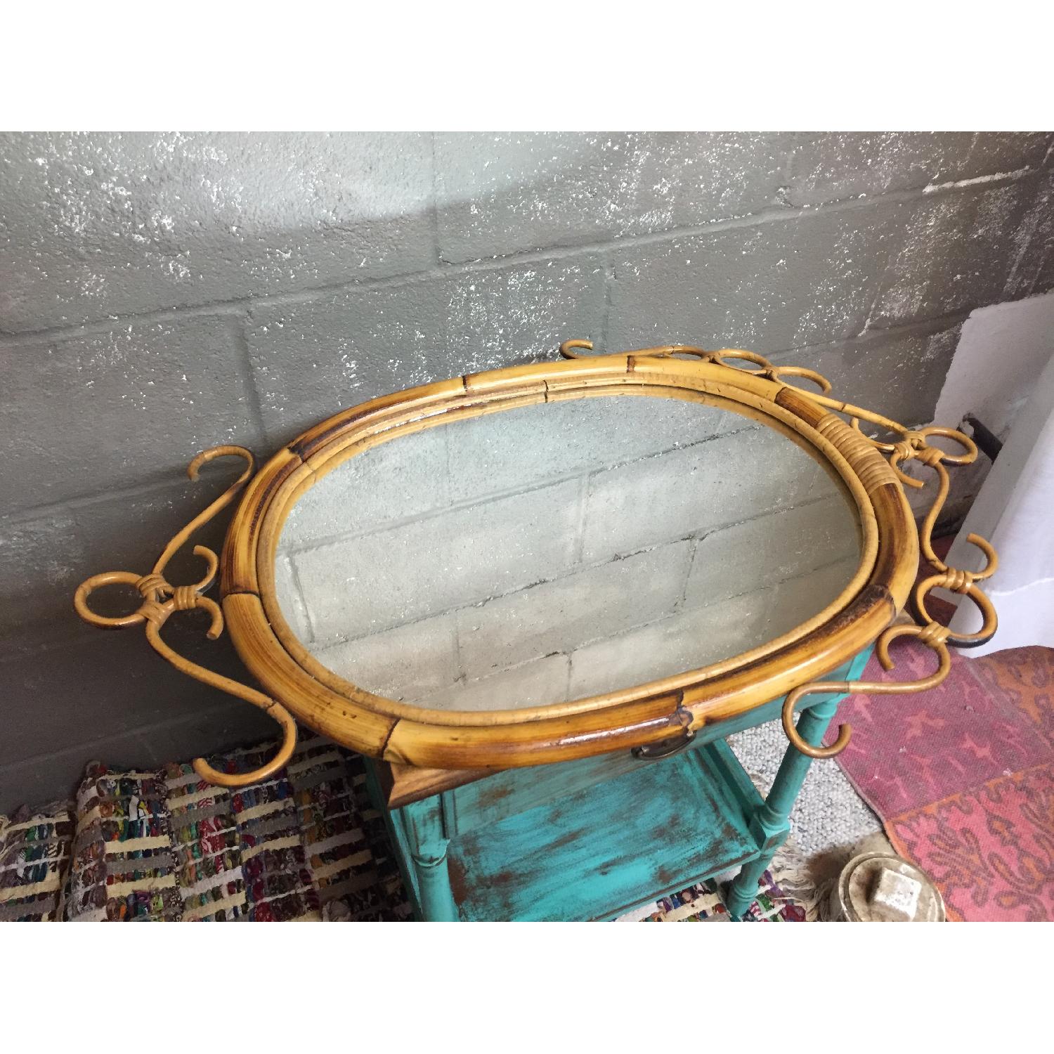 Vintage Mid Century Modern French Rattan Bamboo Oval Sunburst Mirror - image-4