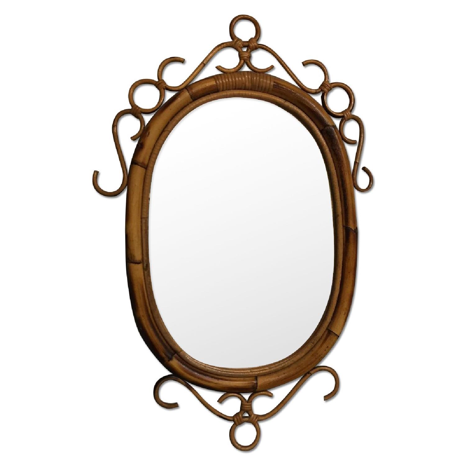 Vintage Mid Century Modern French Rattan Bamboo Oval Sunburst Mirror - image-0