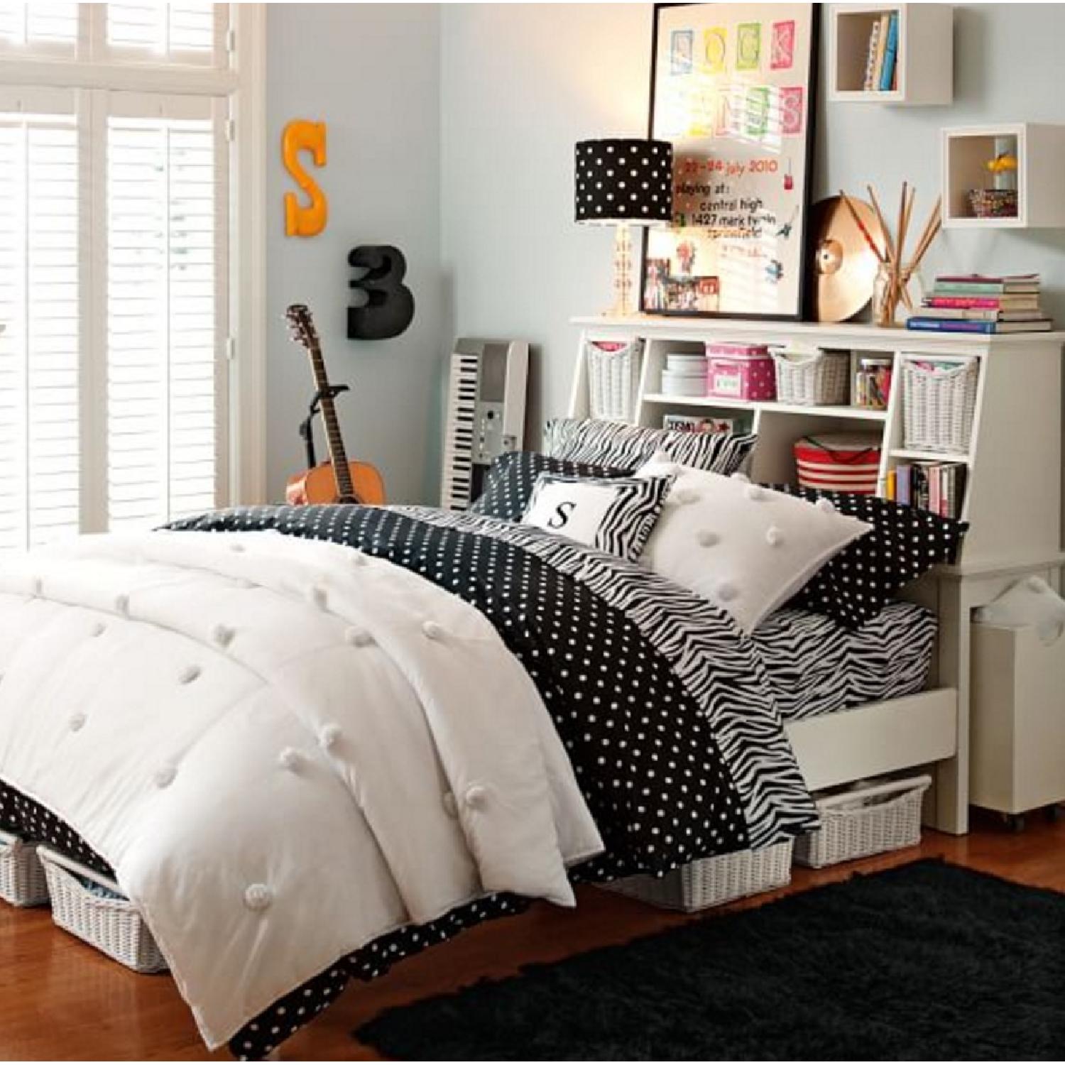 Pottery Barn Full Size Bed Frame w/ Stuff Your Stuff Headboard & 2 Rolling Storage Trolleys - image-5