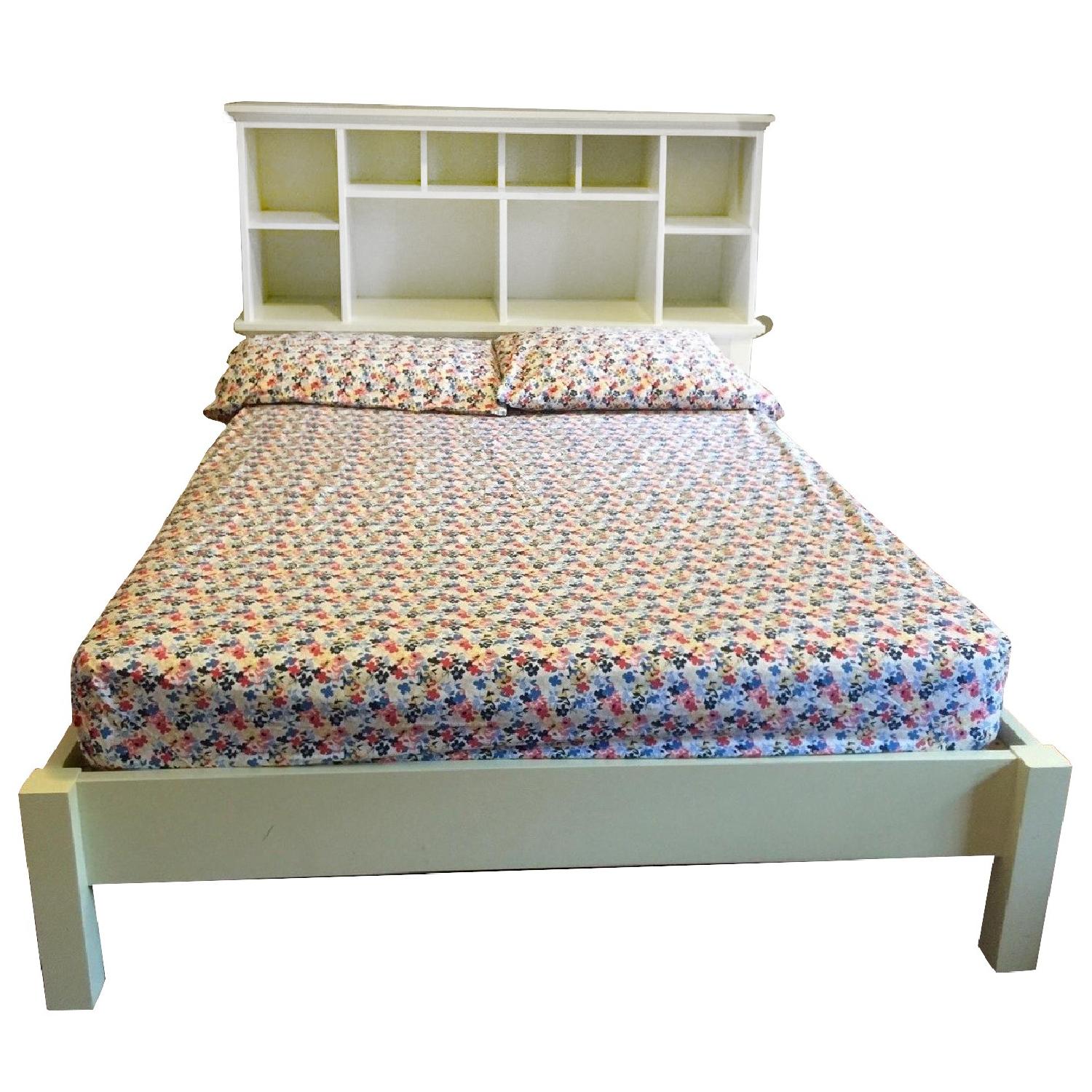 Pottery Barn Full Size Bed Frame w/ Stuff Your Stuff Headboard & 2 Rolling Storage Trolleys - image-0