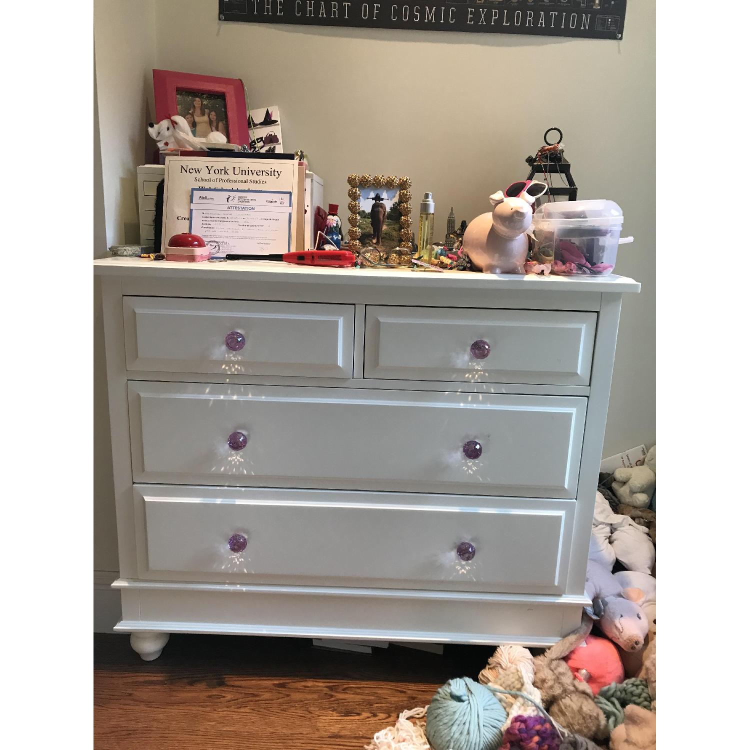 Pottery Barn White Dresser w/ Purple Glass Knobs AptDeco