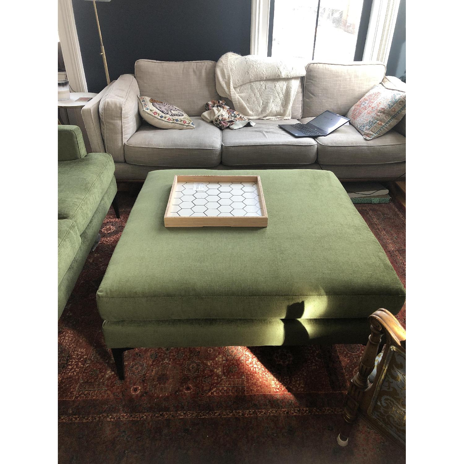 West Elm Andes Ottoman in Olive Distressed Velvet - image-3