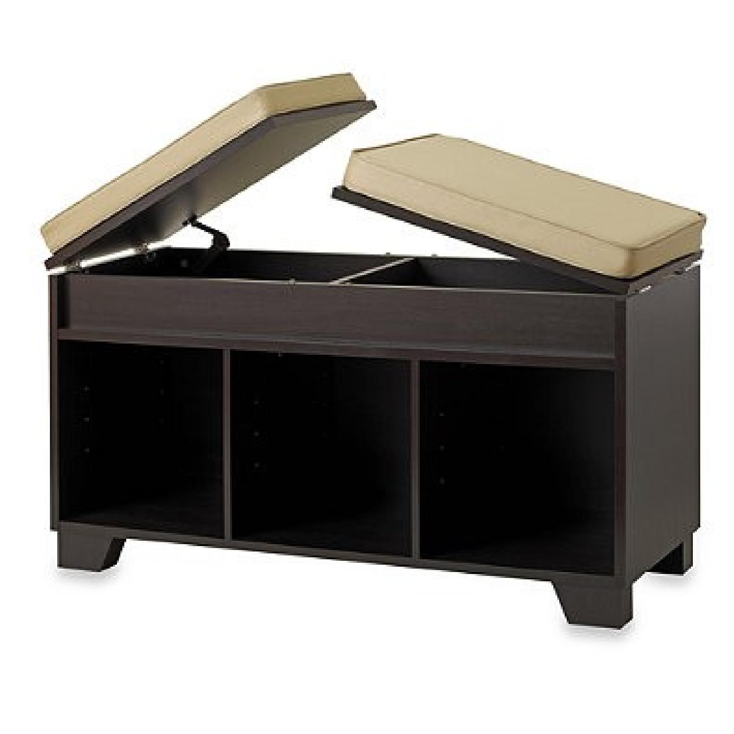 3-Cube Split-Top Bench Storage Unit in Espresso w/ Cushions & Pillows - image-1